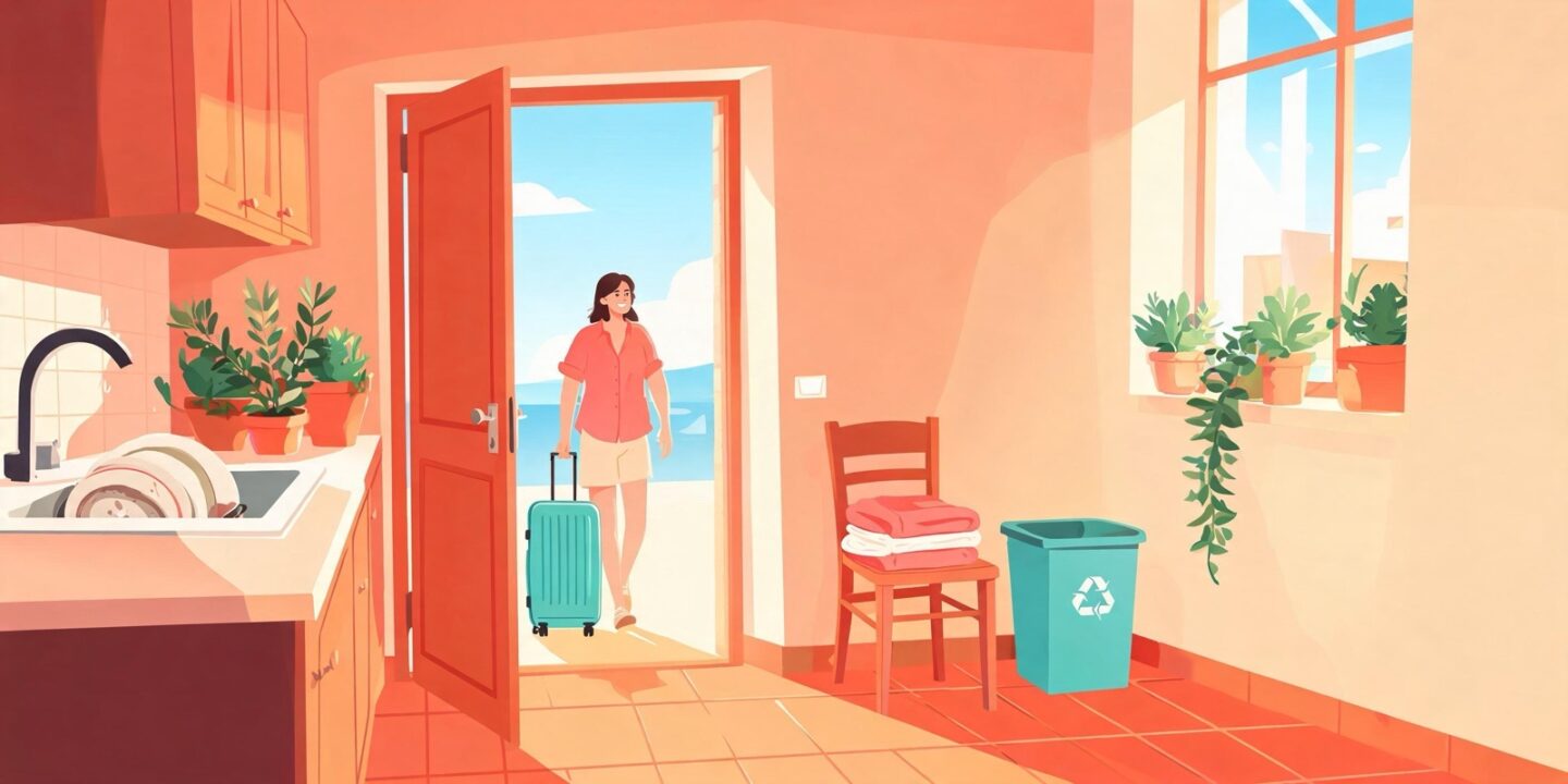 Ilustración de un viajero que sale con su maleta de un apartamento luminoso con platos en el fregadero y toallas dobladas