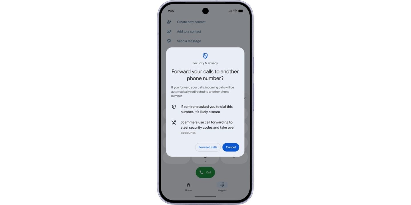 Un móvil Android muestra un aviso que pregunta si quieres desviar tus llamadas a otro número y advierte de que puede ser una estafa