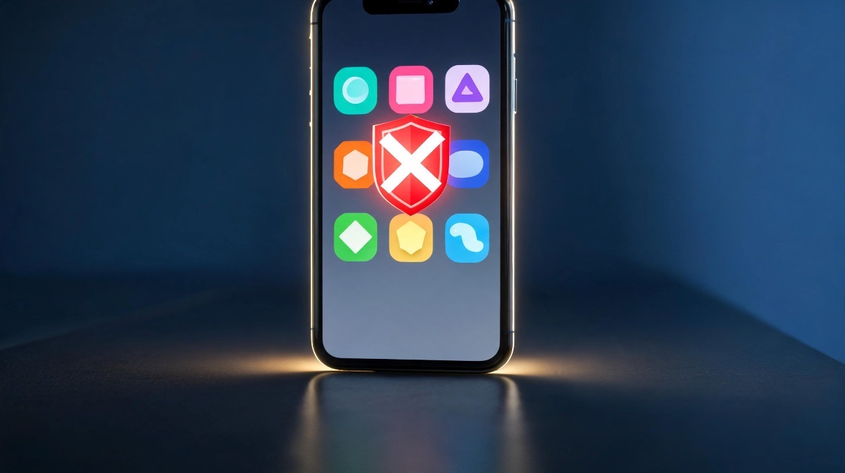 Un móvil sobre un escritorio con una cuadrícula de iconos de aplicaciones y uno de ellos tapado por un escudo rojo