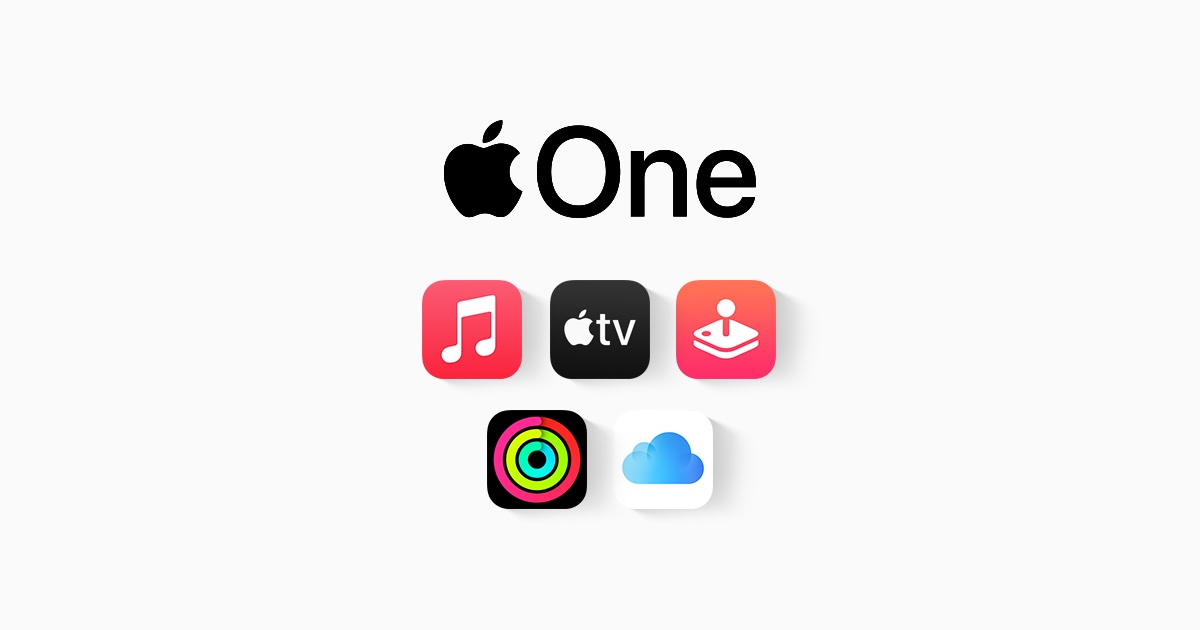 El logotipo de Apple One sobre los iconos de Apple Music, Apple TV, Apple Arcade, Fitness+ e iCloud