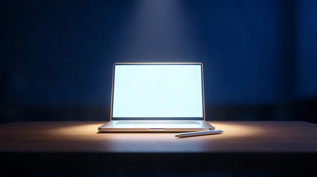 Un portátil plateado abierto sobre una mesa de un estudio, con la pantalla encendida y un lápiz digital al lado