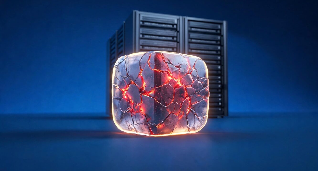 Bloque de datos comprimido que se resquebraja y deja escapar luz roja frente a un servidor
