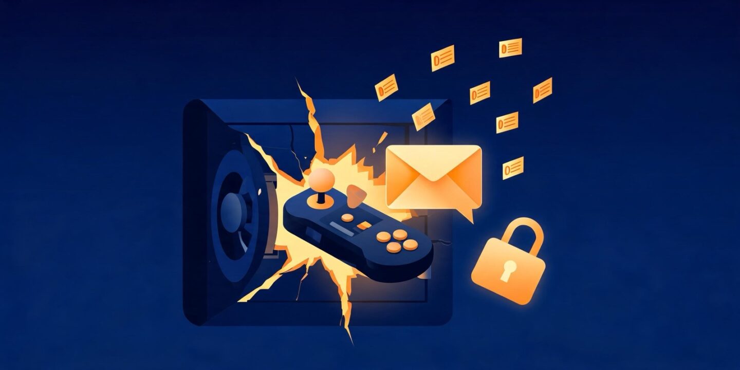 Ilustración de un mando de videojuego y un sobre de correo saliendo de una caja fuerte digital agrietada, con registros de datos flotando y un candado de aviso