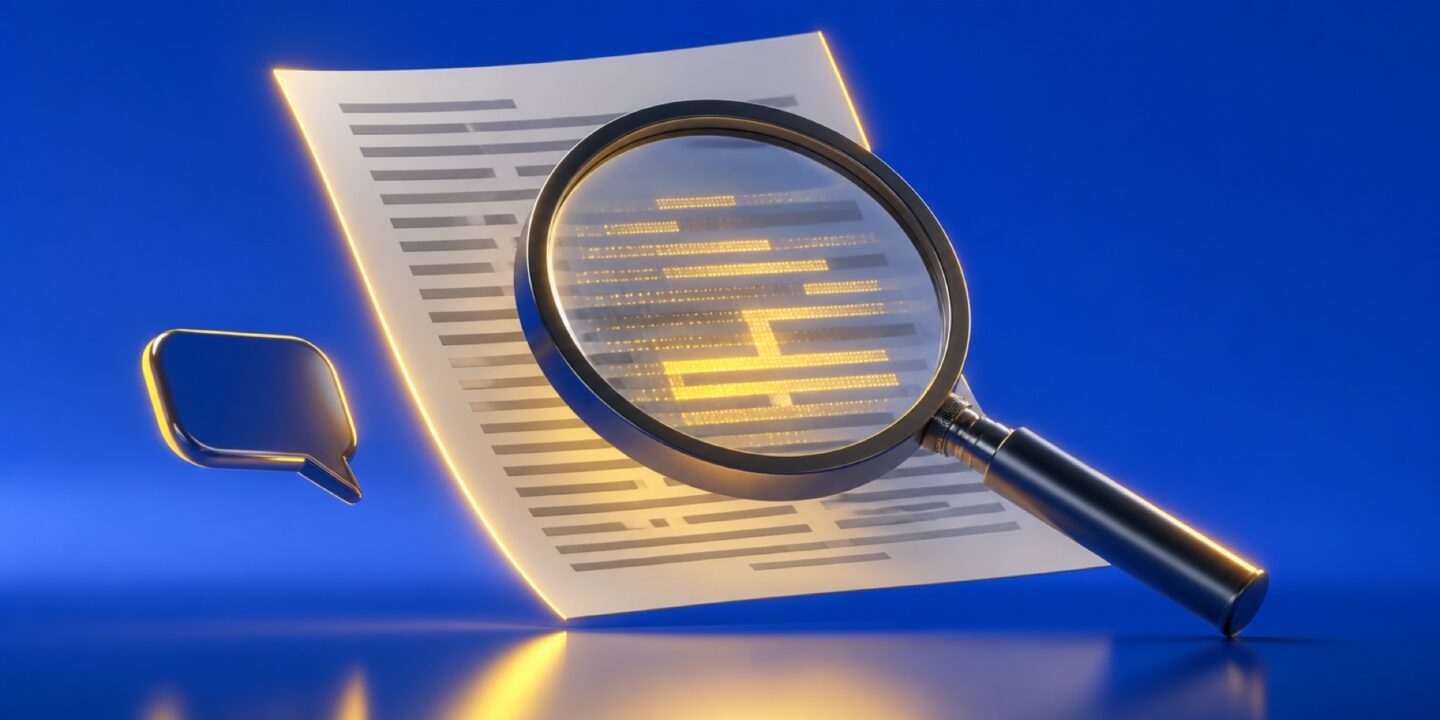Una lupa sobre una hoja de texto deja ver un patrón de puntos luminosos escondido entre las líneas