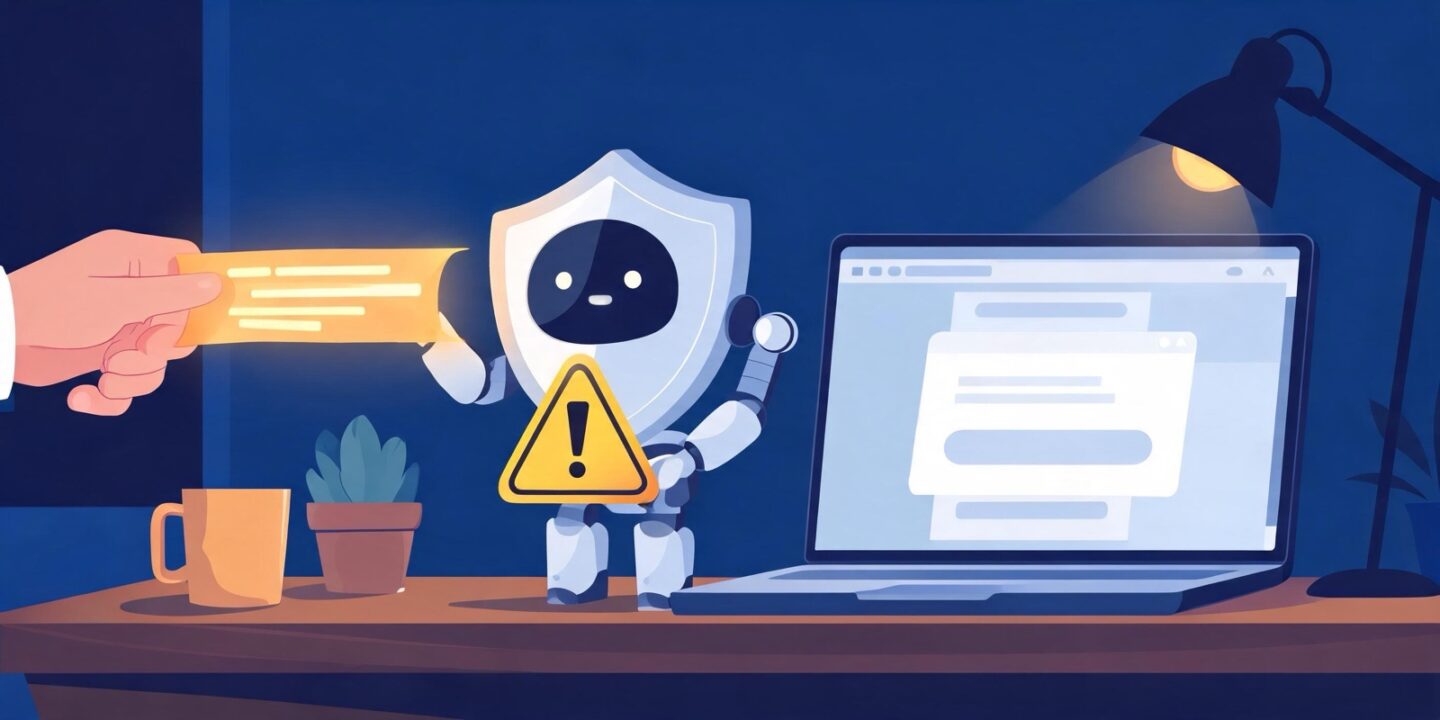 Ilustración de un portátil con una ventana falsa y un robot escudo que bloquea una tira de código copiada