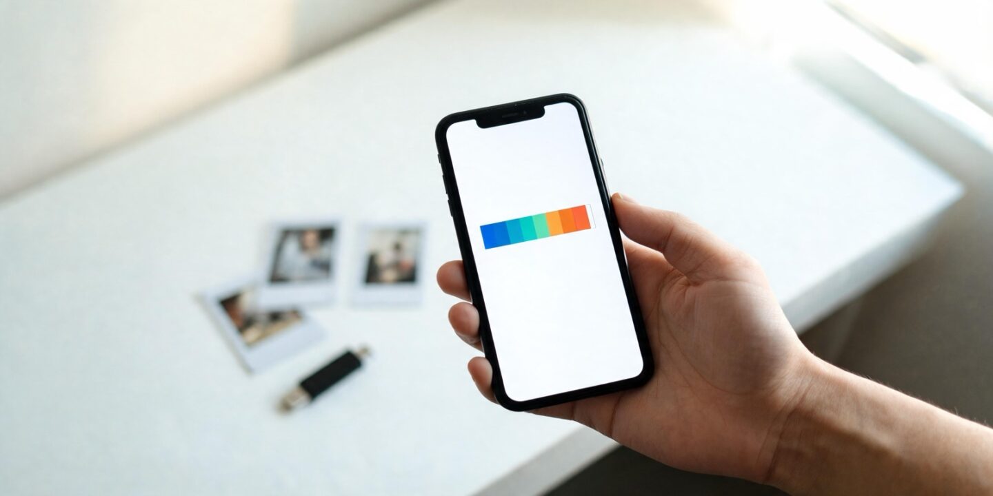 Mano sujetando un móvil que muestra una barra de almacenamiento casi llena, con fotos impresas y una memoria USB sobre la mesa