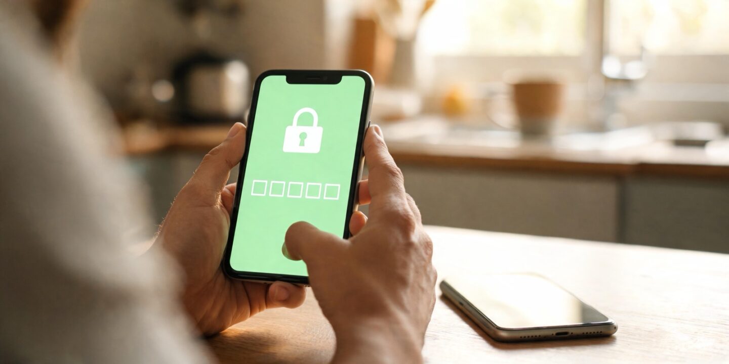 Manos sujetando un móvil con la pantalla verde, un candado y casillas vacías para escribir un código, en la mesa de una cocina