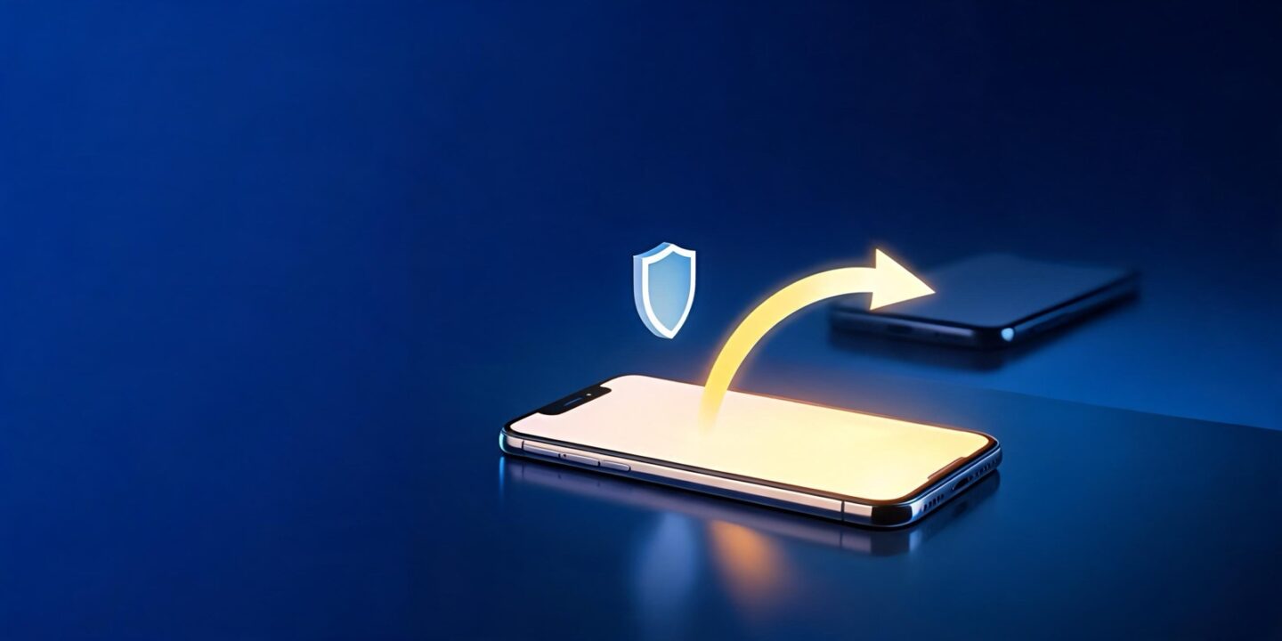 Un móvil con la pantalla encendida, un escudo encima y una flecha de luz que sale de él hacia otro móvil en la sombra