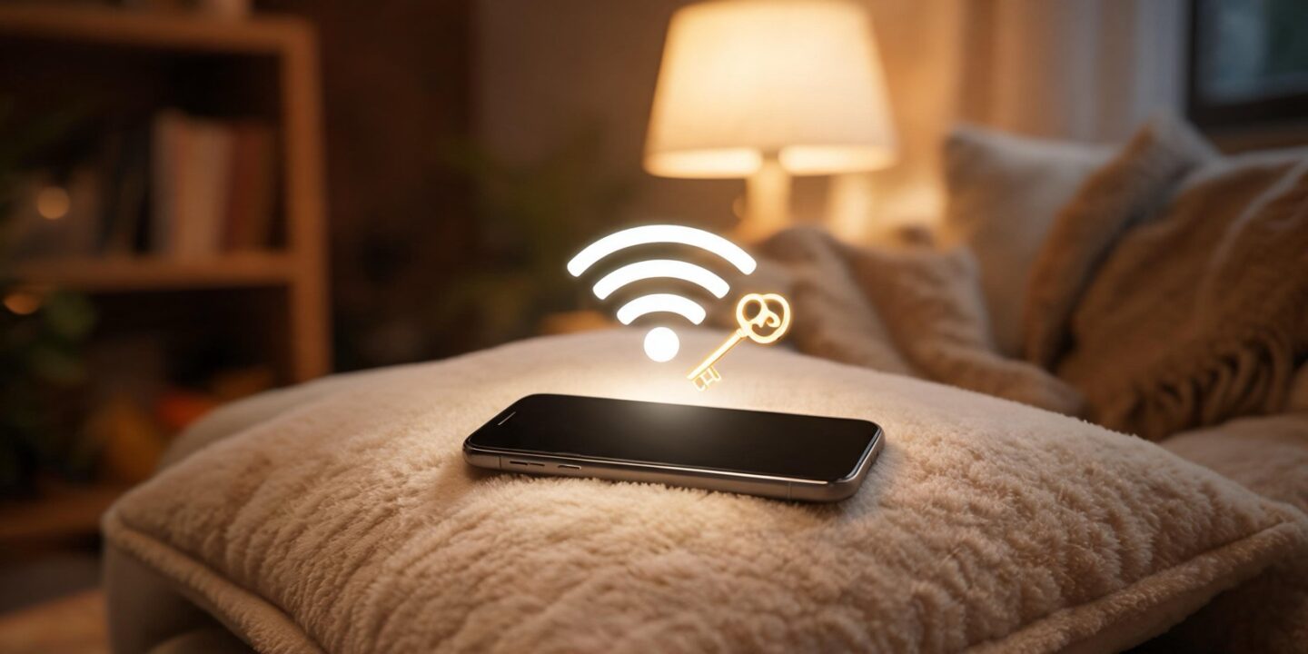 Móvil sobre un cojín del sofá con el símbolo del wifi y una llave dorada de luz flotando encima
