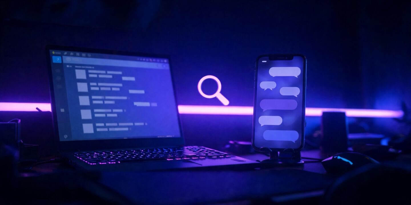 Portátil con una página de resultados de búsqueda difuminada y un móvil con burbujas de chat, separados por una lupa luminosa, en un escritorio con luz morada