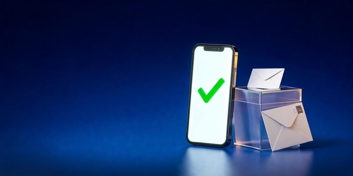 Un móvil con una marca de verificación verde en la pantalla junto a una urna transparente con un sobre blanco entrando por la ranura