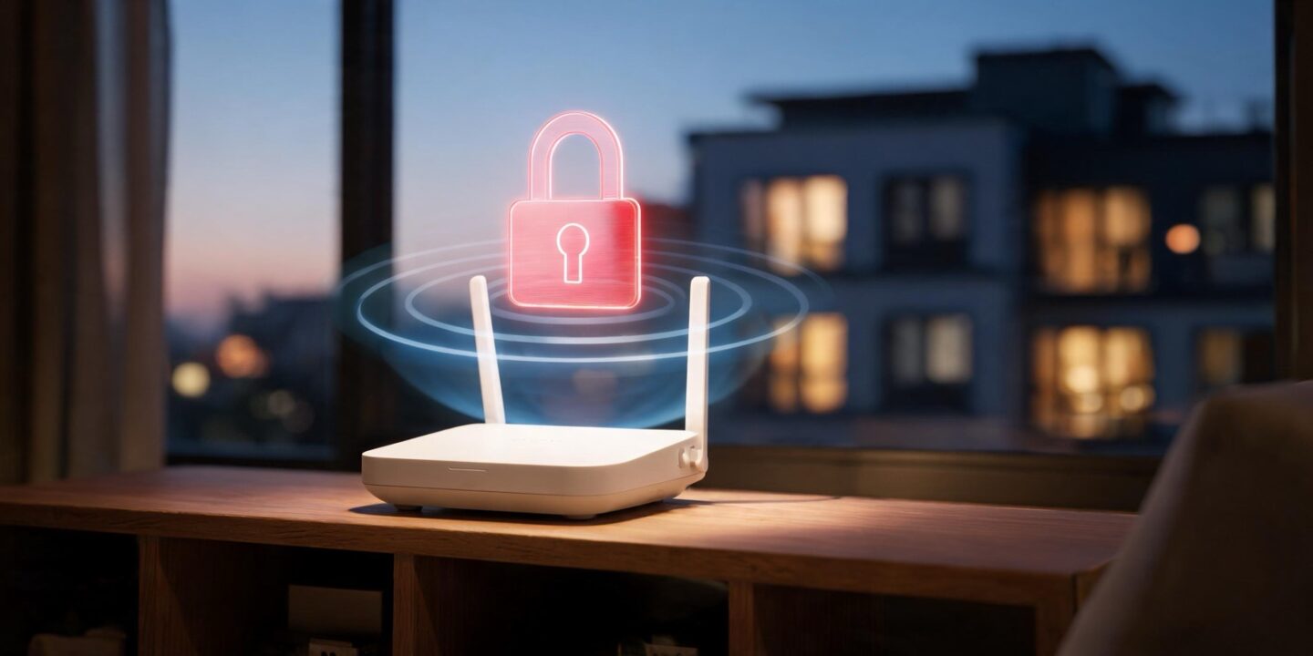 Router doméstico blanco sobre una estantería junto a una ventana, con ondas de wifi y un candado de luz roja encima