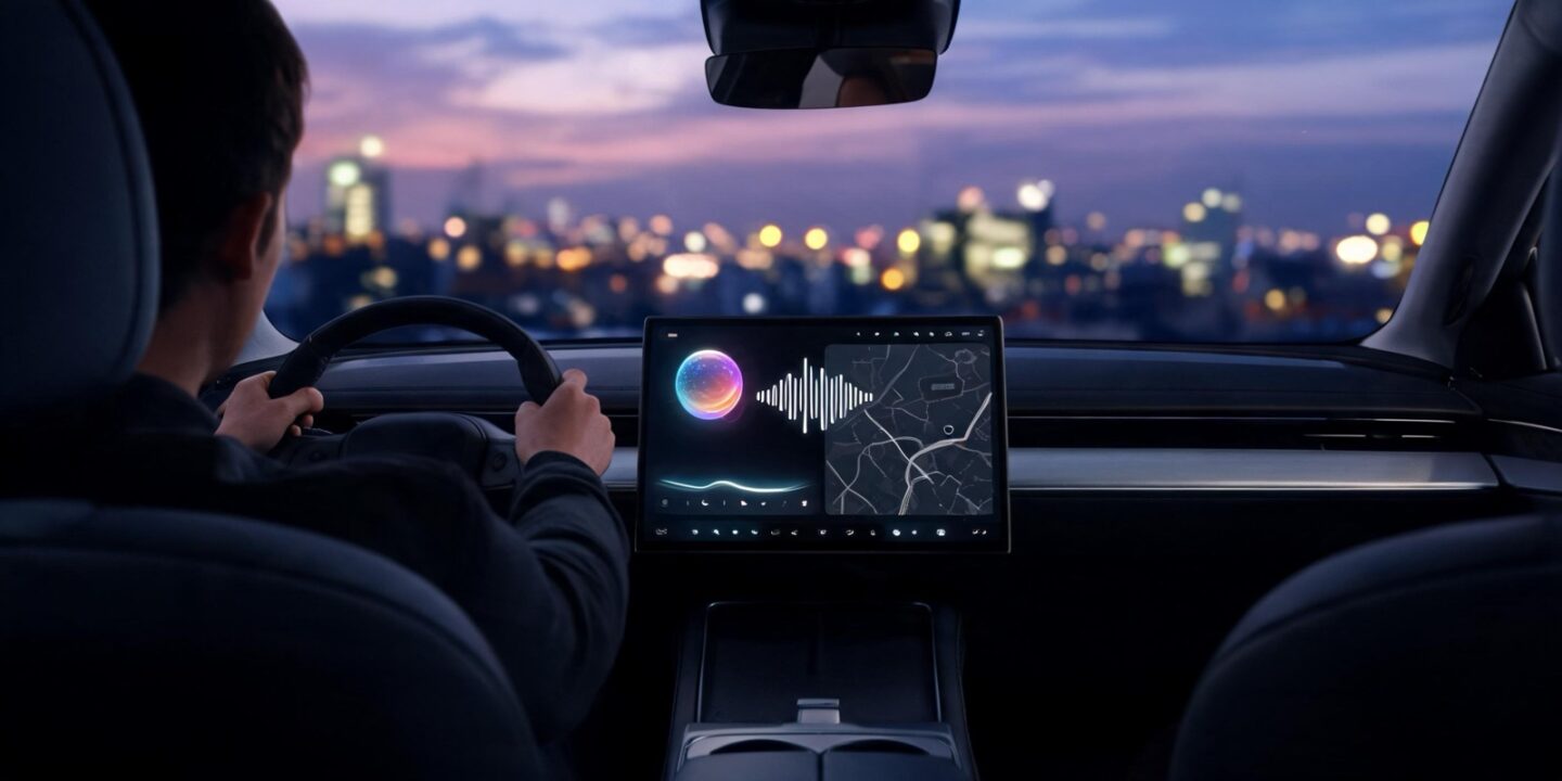 Interior de un coche al anochecer con la pantalla del salpicadero mostrando un mapa y un asistente de voz