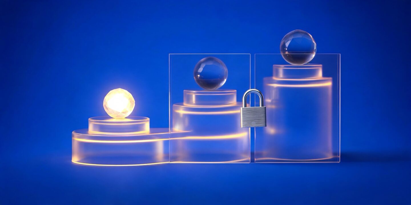 Tres podios de cristal de distinta altura: el más bajo sostiene una esfera encendida y los otros dos quedan tras un panel con candado