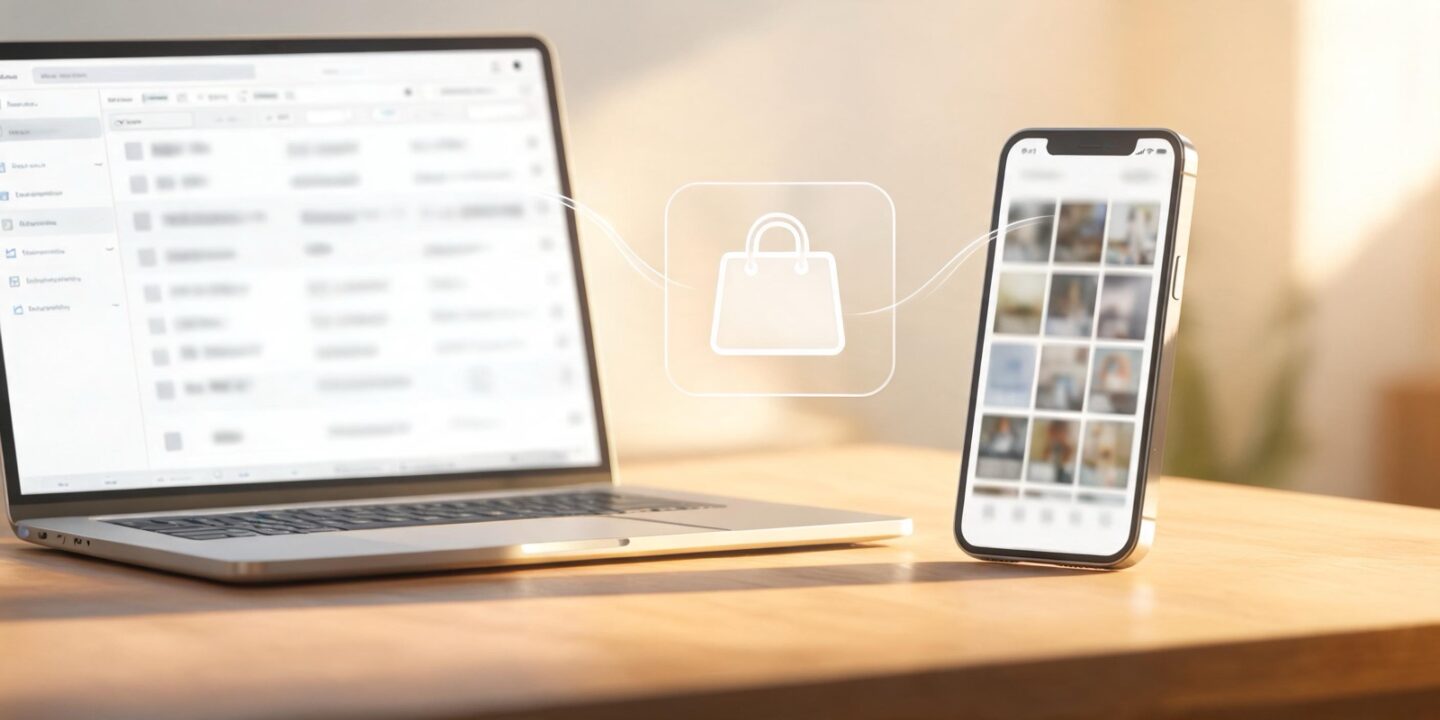 Portátil con una bandeja de correo y móvil con una galería de fotos unidos por líneas de luz a un icono de bolsa de la compra