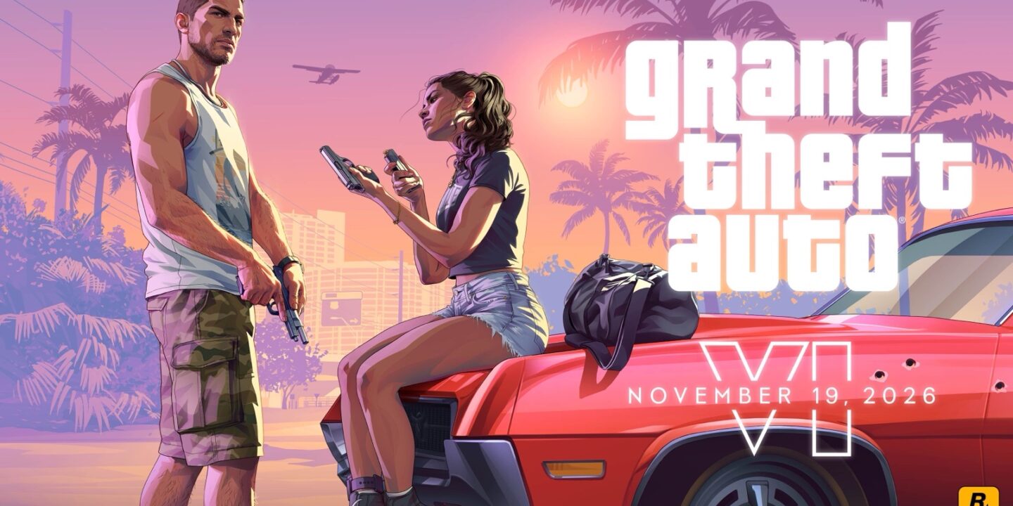 Arte oficial de GTA VI: Jason, con una pistola, y Lucía, sentada sobre el capó de un coche rojo con una bolsa al lado, bajo palmeras y un cielo rosa