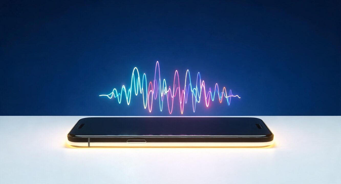 Móvil sobre una mesa con una onda de voz luminosa de colores saliendo de la pantalla