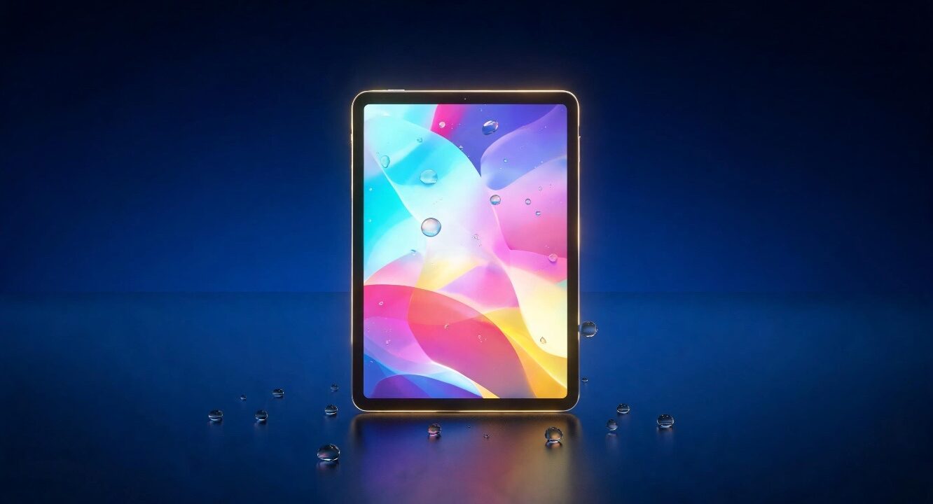 Tableta pequeña con pantalla de colores intensos sobre una superficie con gotas de agua