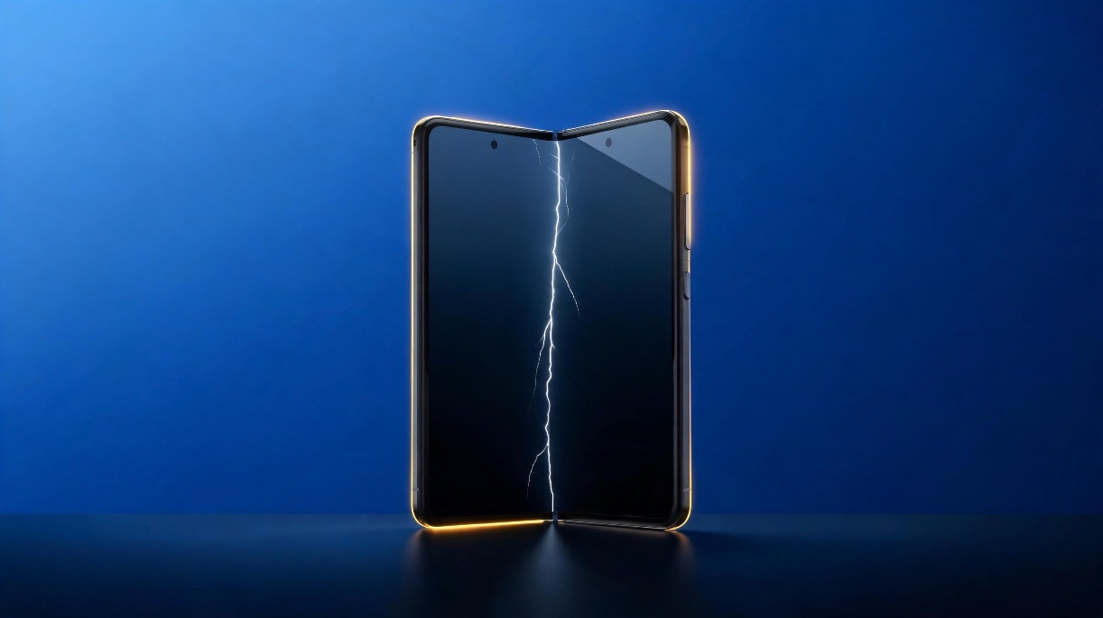 Móvil plegable entreabierto con una grieta luminosa en el pliegue de la pantalla interior