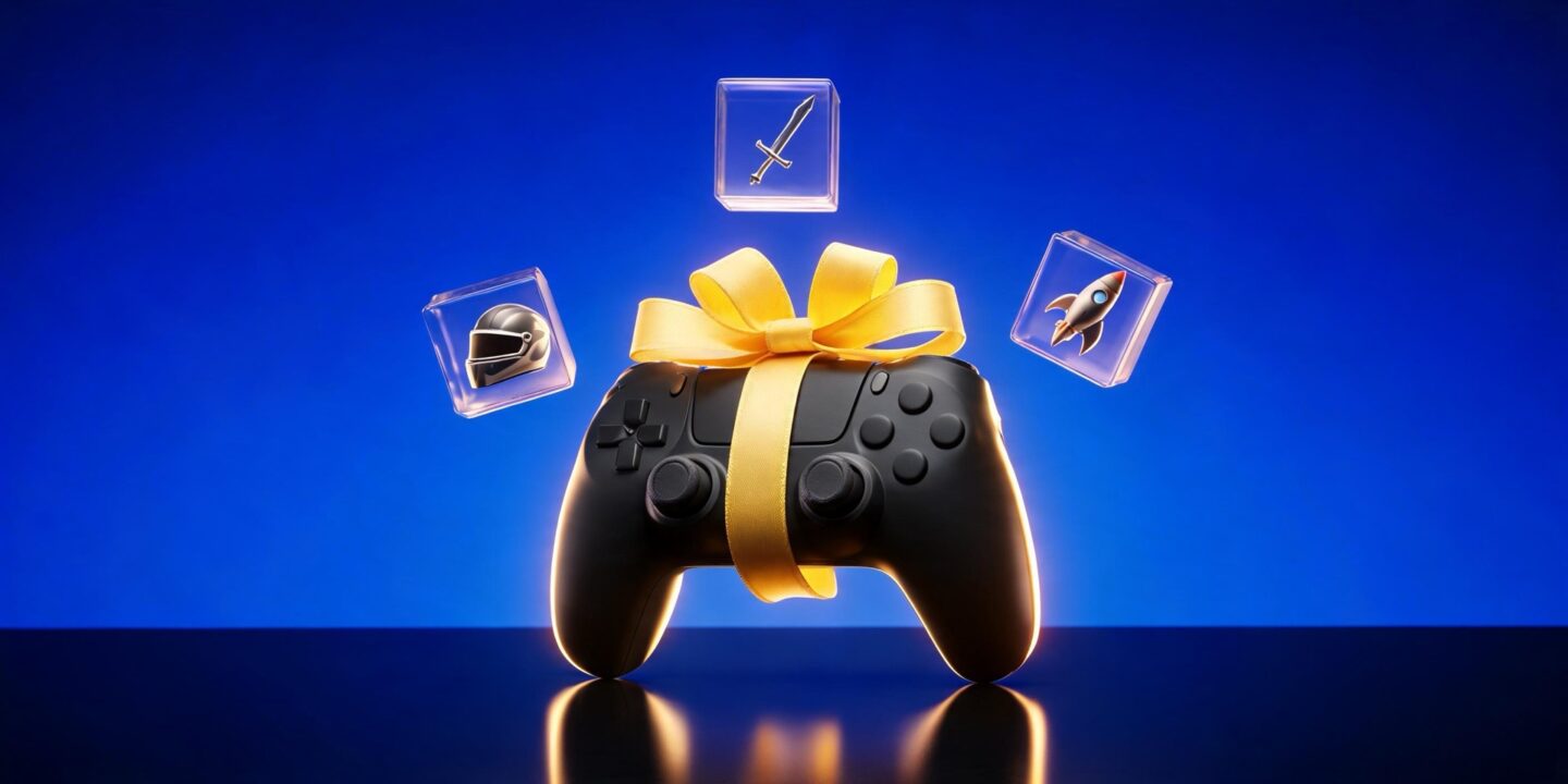 Un mando de videojuegos negro envuelto con un lazo amarillo de regalo, rodeado de tres cubos de cristal con un casco, una espada y un cohete