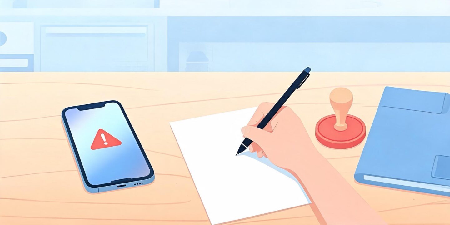 Ilustración de un móvil sobre una mesa con un triángulo de aviso en la pantalla, junto a una mano que escribe una reclamación, un sello y una carpeta