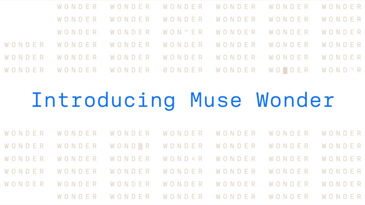 Cartel de presentación con el texto «Introducing Muse Wonder» sobre un fondo con la palabra Wonder repetida