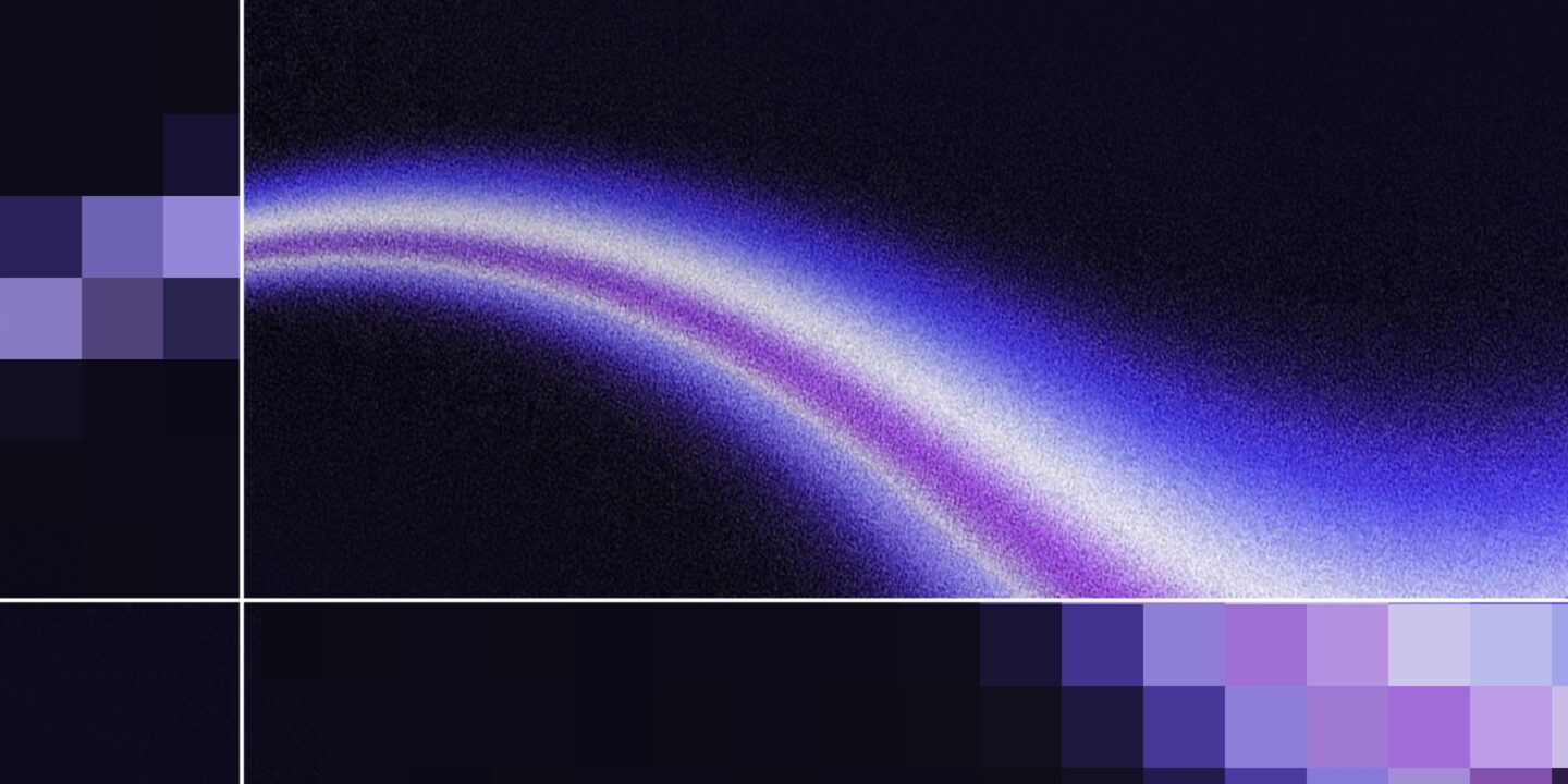 Ilustración abstracta con una franja de luz azul y morada sobre fondo negro y bloques de píxeles en las esquinas