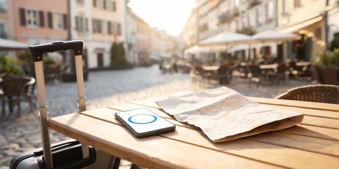 Un móvil sobre la mesa de una terraza en una plaza europea, junto a un mapa de papel y una maleta