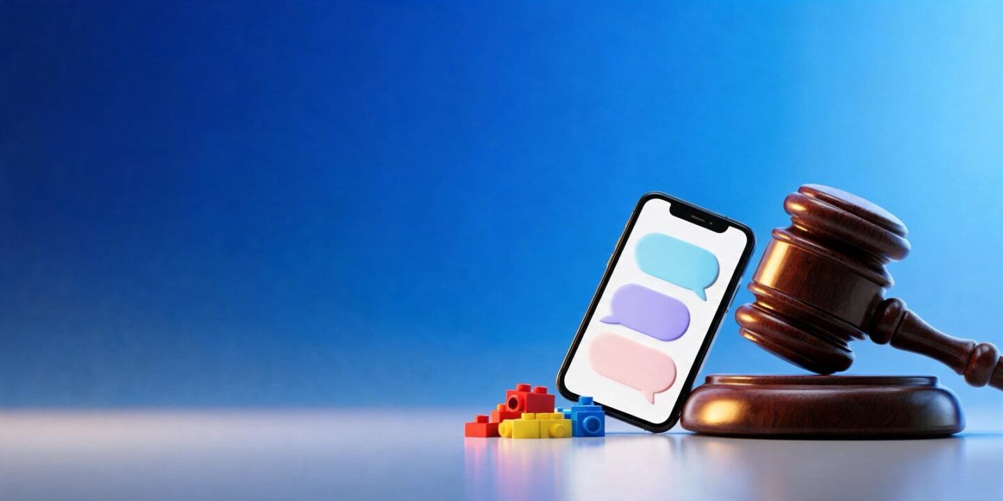 Un mazo de juez de madera junto a un móvil con burbujas de chat en la pantalla y unos bloques de juguete de colores