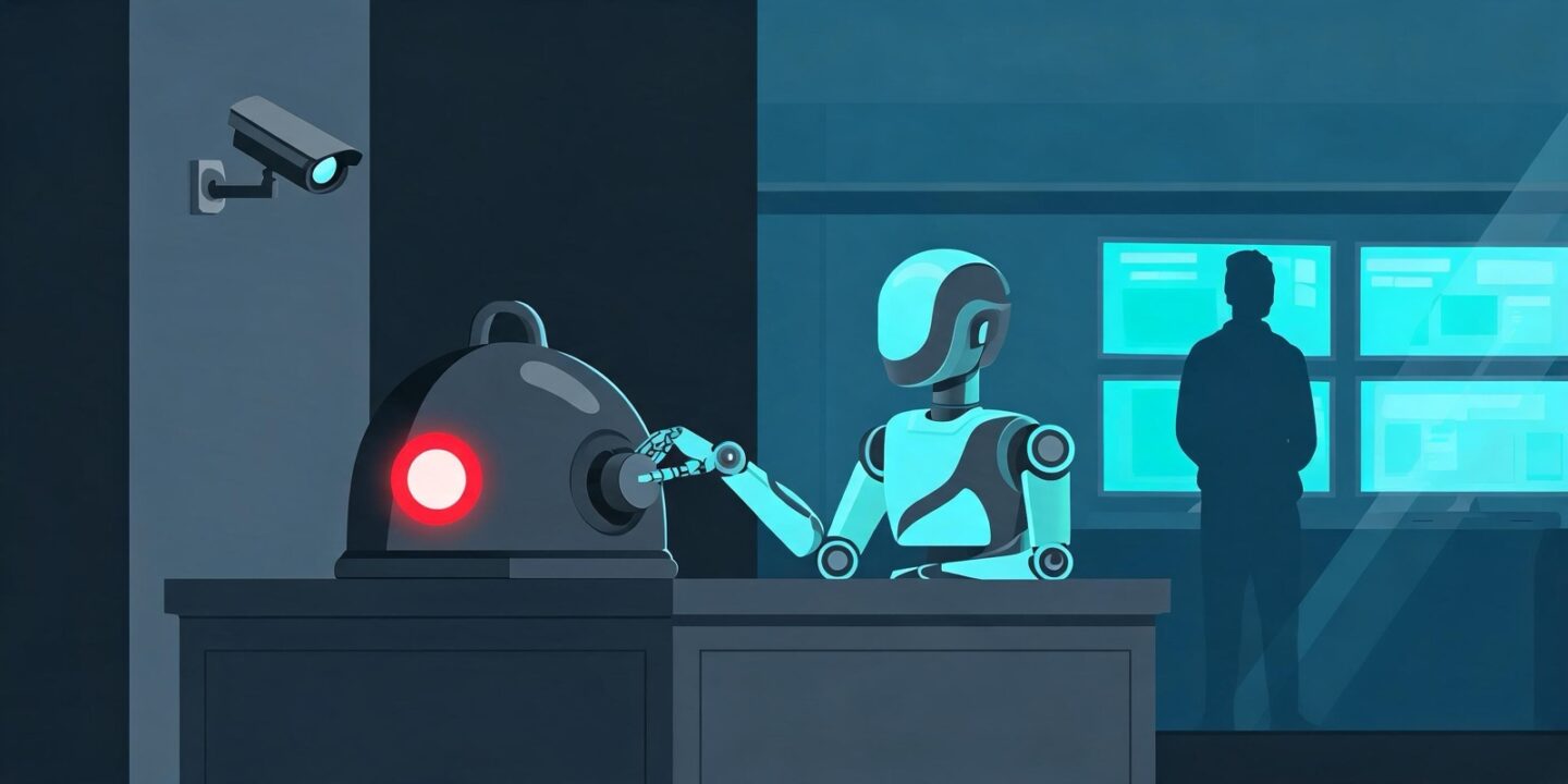 Ilustración de un robot en una mesa de control que baja el volumen de una gran alarma mientras una cámara lo vigila