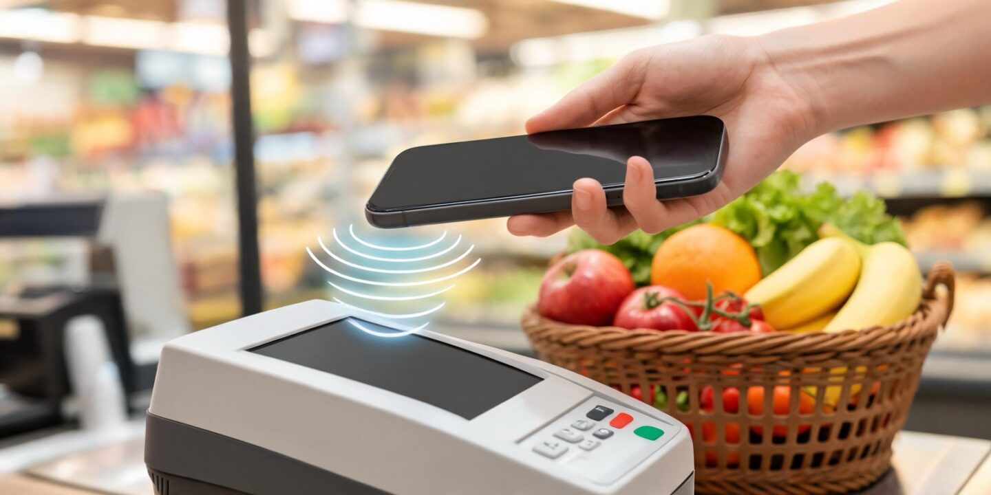 Mano acercando un móvil a un datáfono en la caja de un supermercado con una cesta de fruta al lado