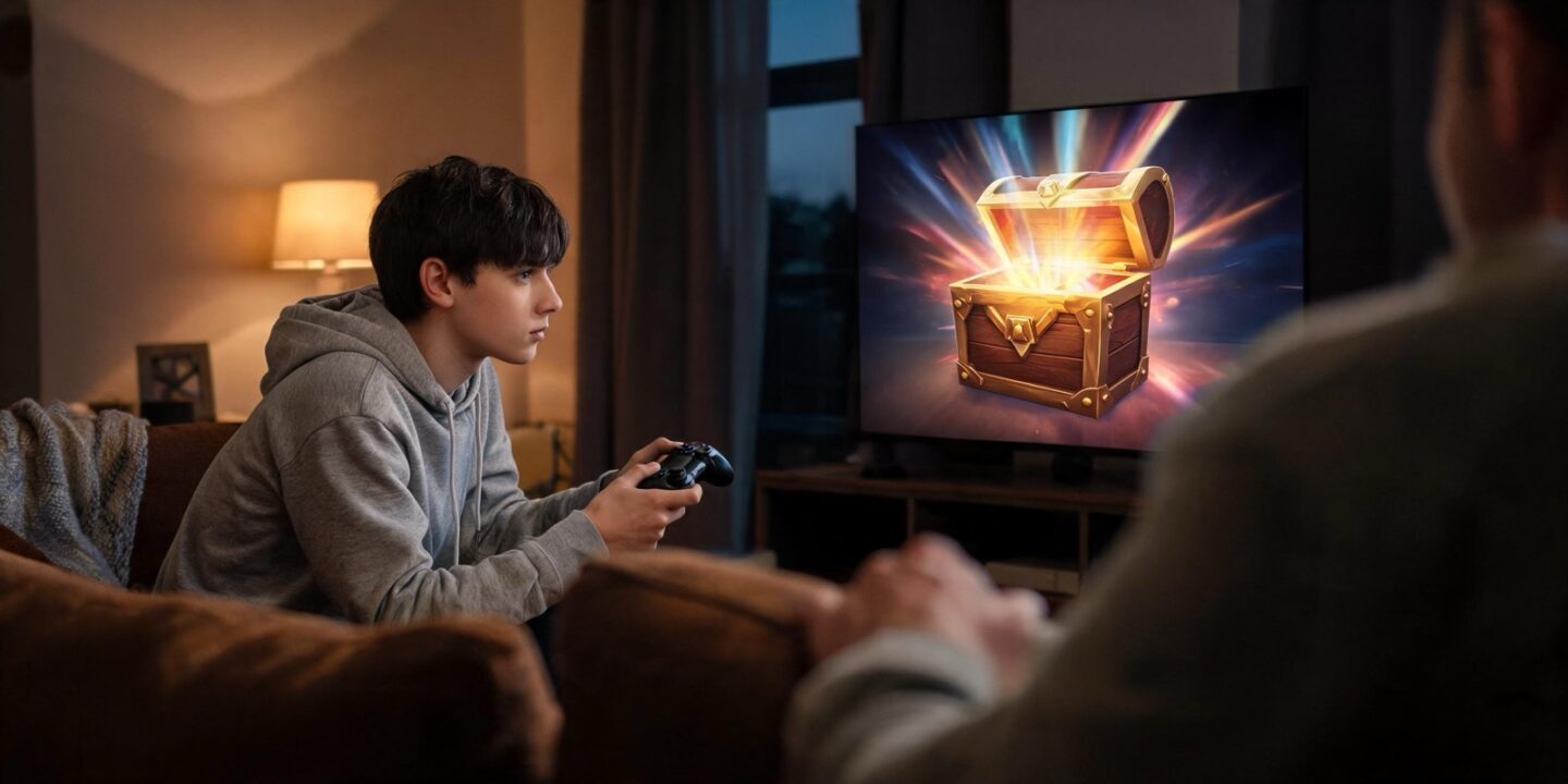 Un adolescente con un mando en el sofá frente a una tele en la que se abre un cofre de tesoro luminoso
