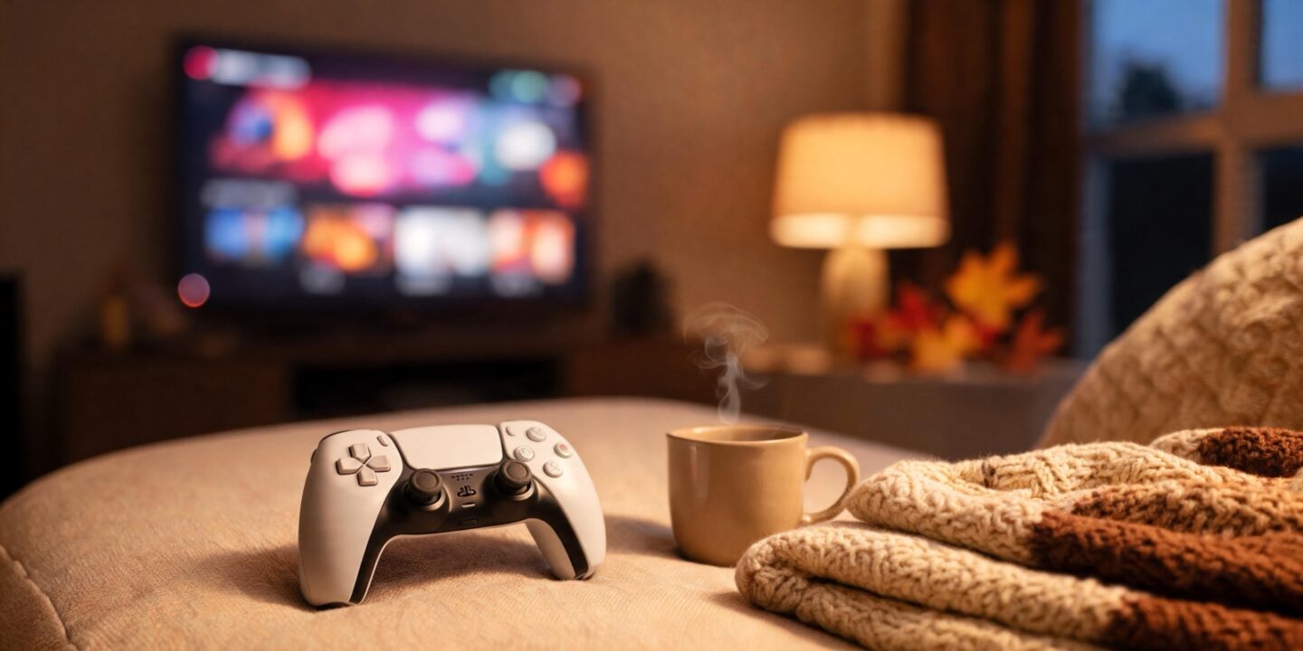 Mando de consola blanco sobre un sofá junto a una taza humeante y una manta, con un televisor encendido de fondo