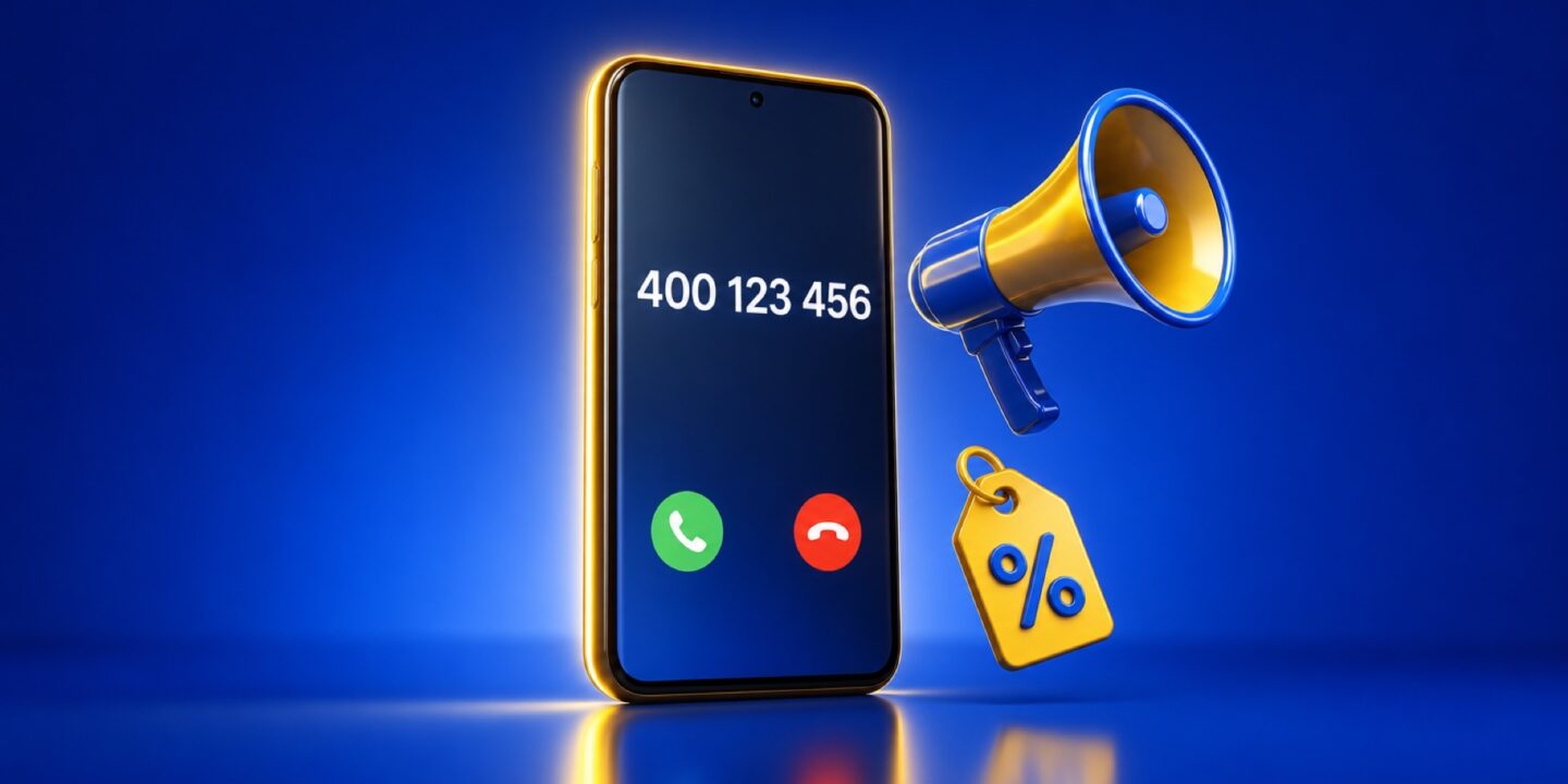Un móvil con una llamada entrante de un número que empieza por 400, junto a un megáfono y una etiqueta de descuento