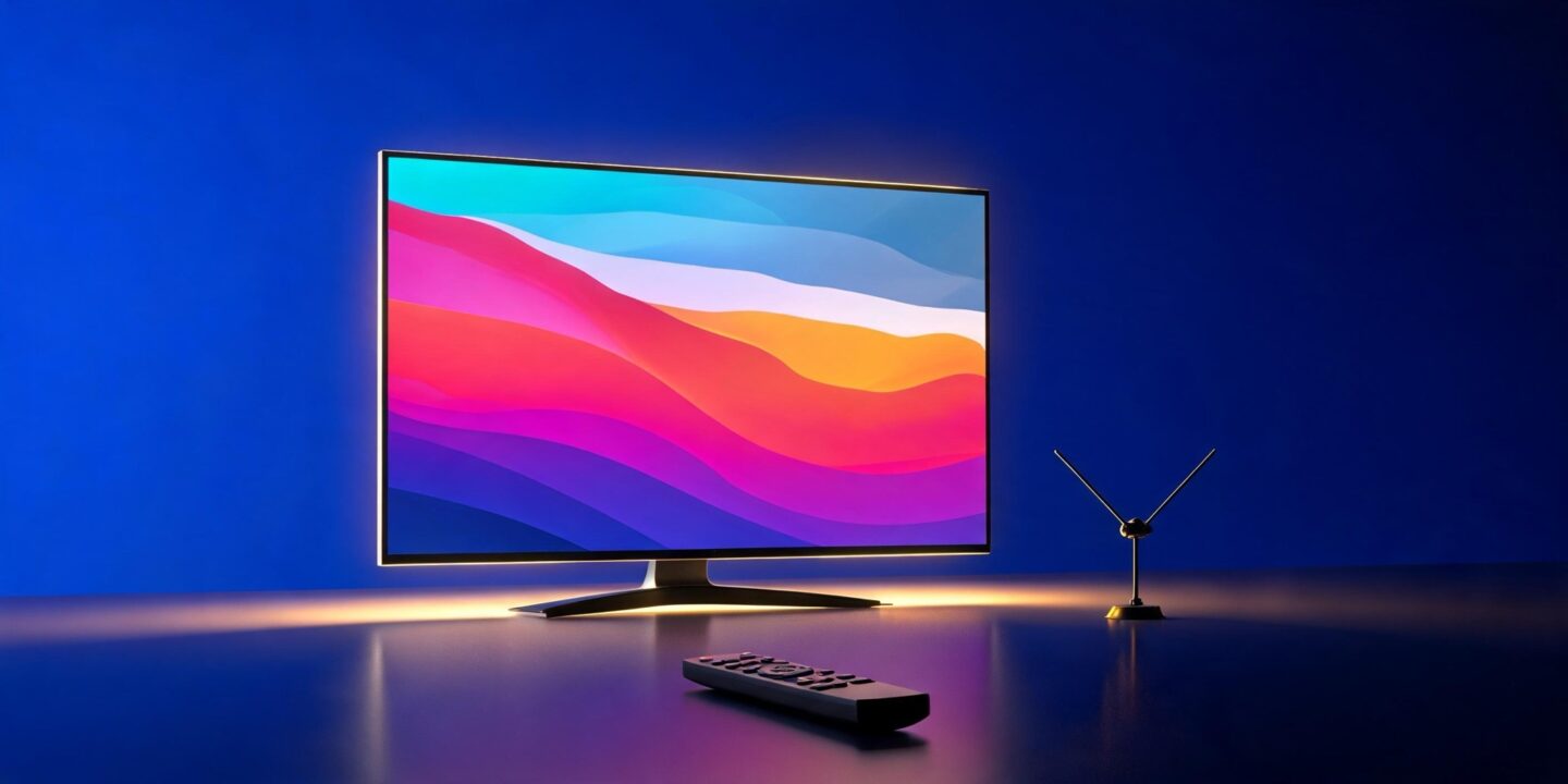 Un televisor plano con una imagen de colores muy nítida, un mando a distancia delante y una pequeña antena de cuernos al lado