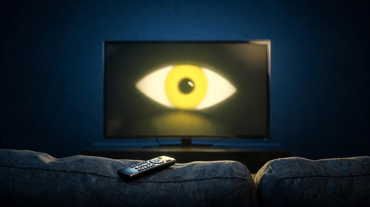 Un televisor encendido en un salón a oscuras con un ojo luminoso dibujado en la pantalla y un mando sobre el sofá