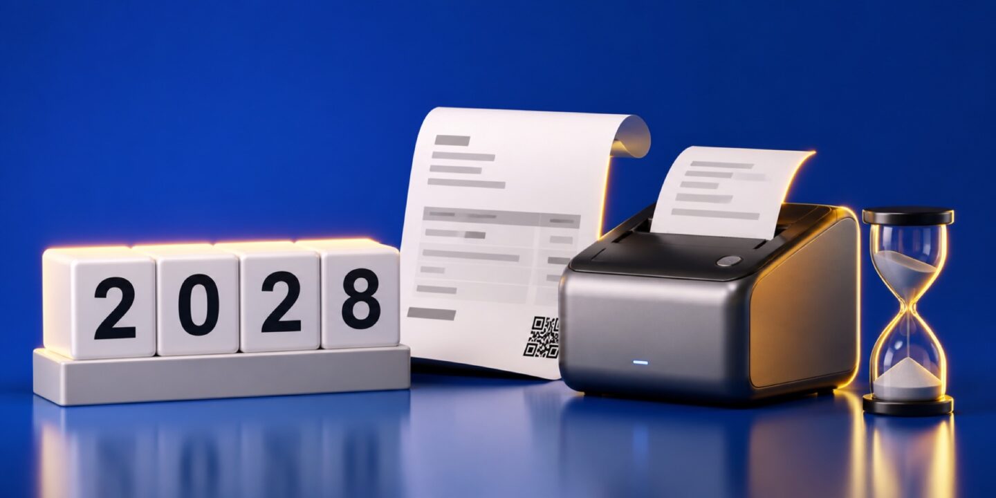 Un calendario de cubos con el año 2028 junto a una factura con código QR, una impresora de tiques y un reloj de arena