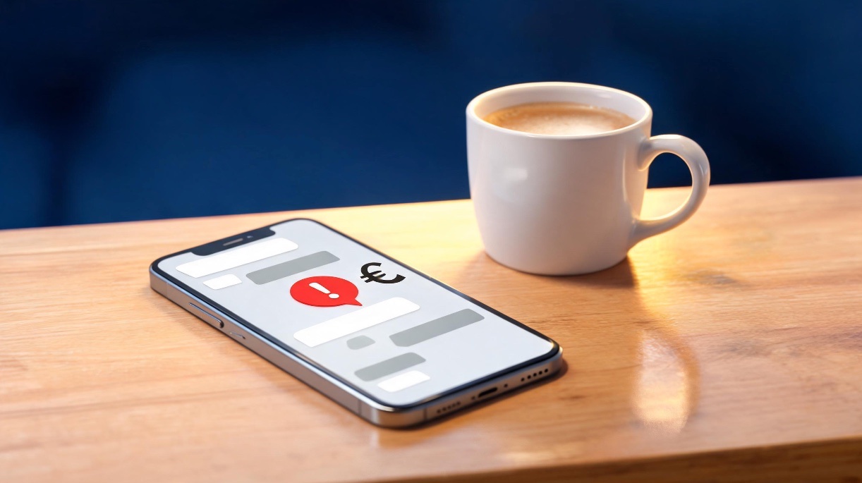 Un iPhone sobre una mesa de cocina con una conversación en pantalla y una notificación de aviso, junto a una taza de café