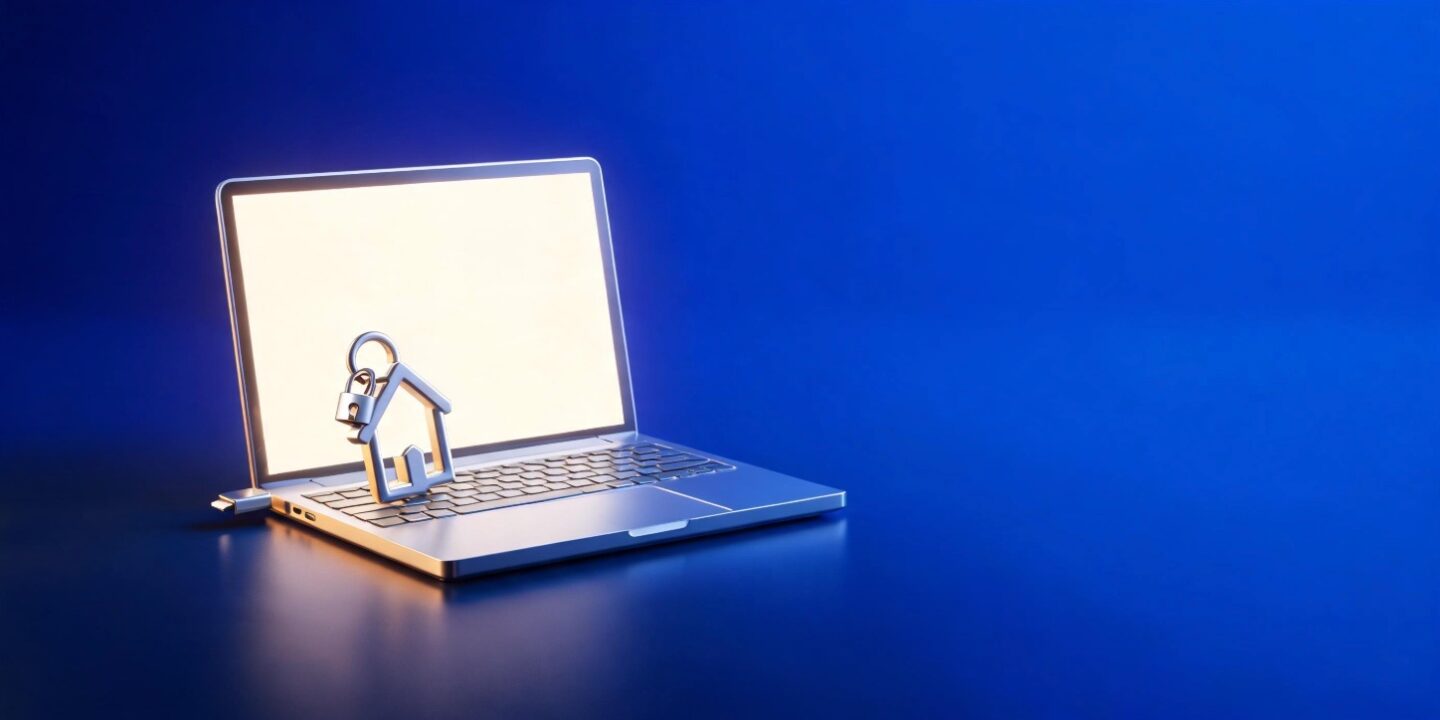 Un portátil plateado abierto, con una memoria USB conectada y, sobre el teclado, un llavero con forma de casa y un candado pequeño