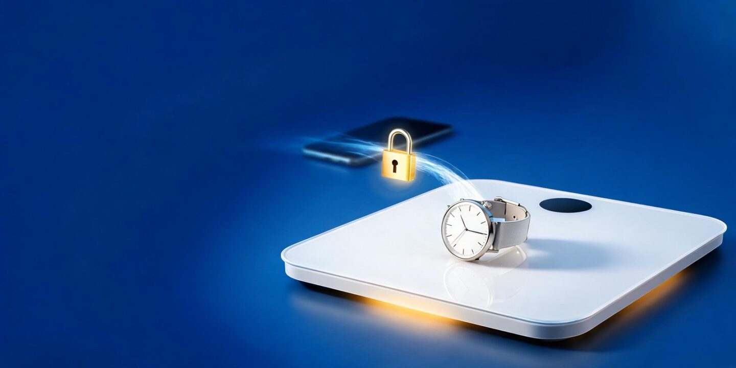 Una báscula inteligente blanca con un reloj de agujas encima y un candado dorado entre el reloj y un móvil desenfocado