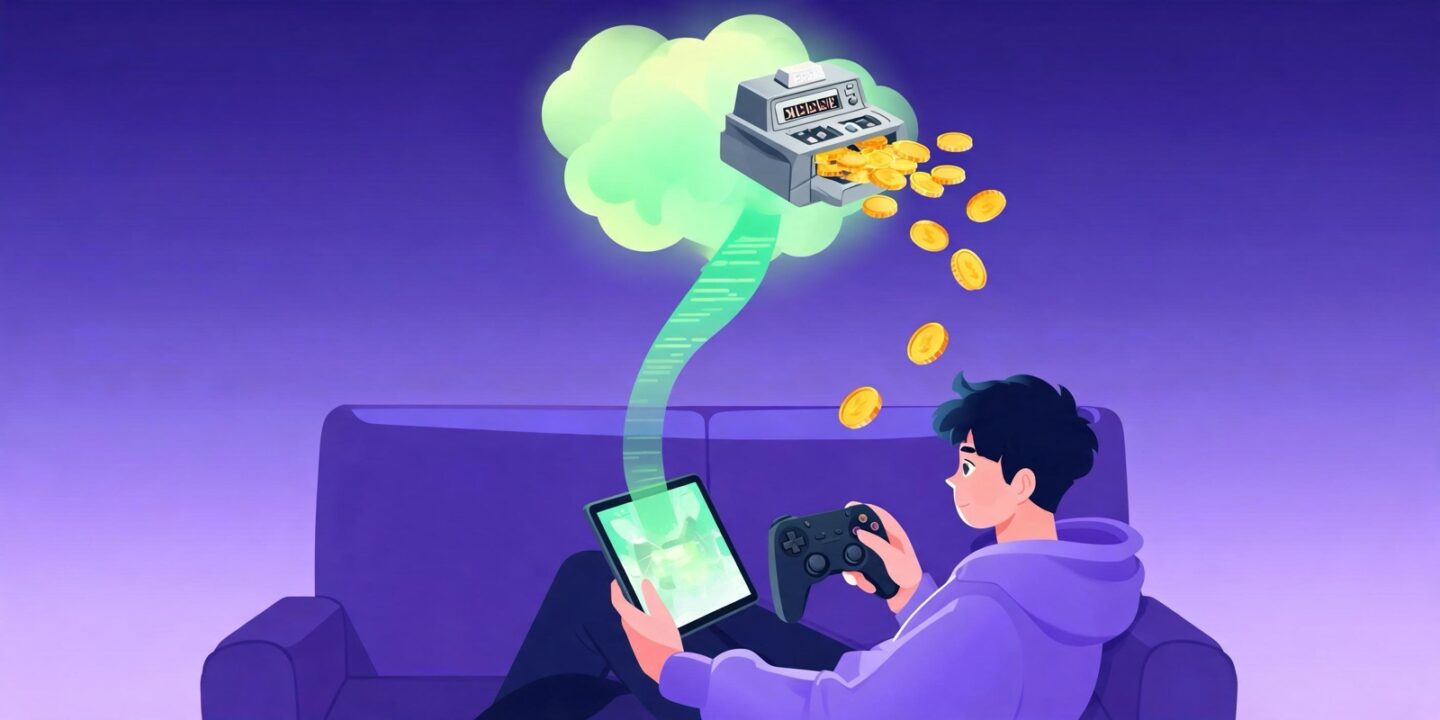 Ilustración de una persona jugando en una tableta conectada a una nube de la que sale una máquina contadora que suelta monedas