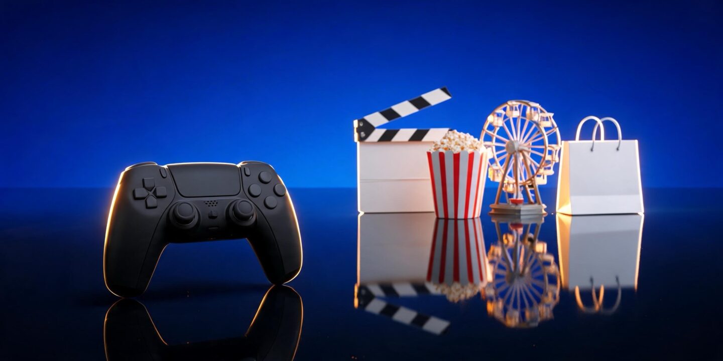 Un mando de videojuegos en penumbra, en primer plano, y detrás, iluminados, una claqueta, una caja de palomitas, una noria y una bolsa de tienda